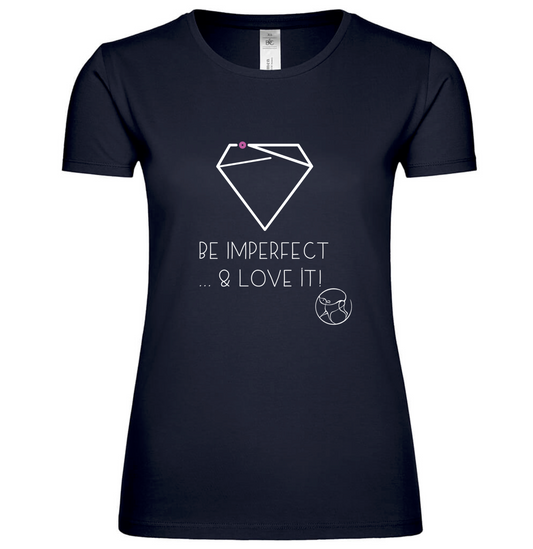 T-Shirt Be Imperfect Damen – Edition Stephanie Lang von Langen, Vorderansicht mit Statement-Print